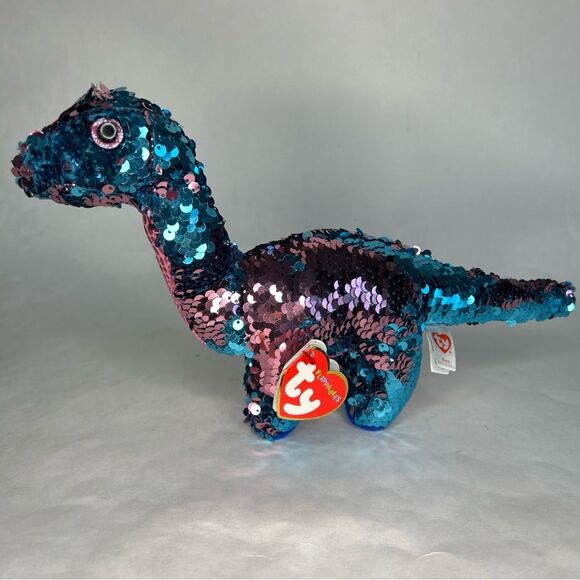 NWT Ty Flippables Tremor Dinosaur Pink Blue Sequins 11” Long - Picture 1 of 8